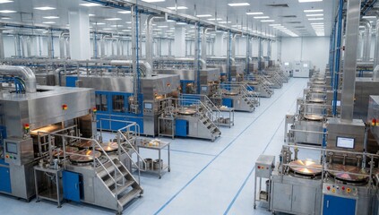 Fototapeta premium Large industrial factory multiple machines equipment has high ceiling beams blue flooring arranged rows column