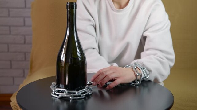 Person chained to wine bottle symbolizing alcohol addiction. Woman with her hand chained to a wine bottle sitting at a table, symbolizing the heavy burden and struggle of alcohol addiction, alcoholism