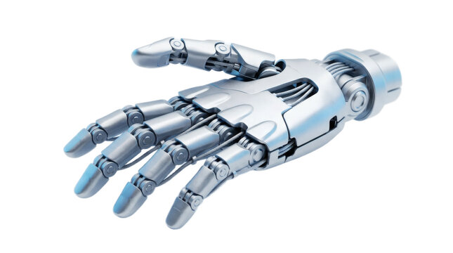 Metallic robotic hand with mechanical joints and fingers isolated on white background with silver robotic intelligence engineering technology