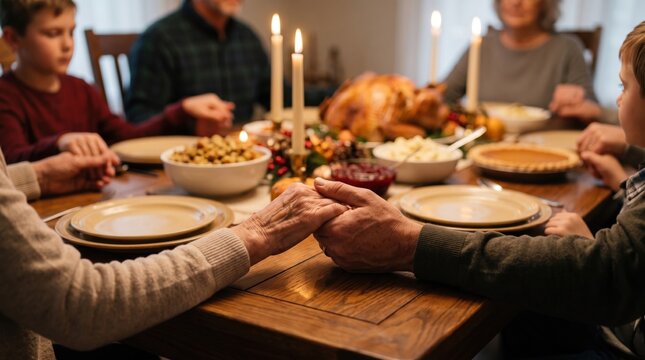 Family holding hands in gratitude before a candlelit Thanksgiving dinner at home