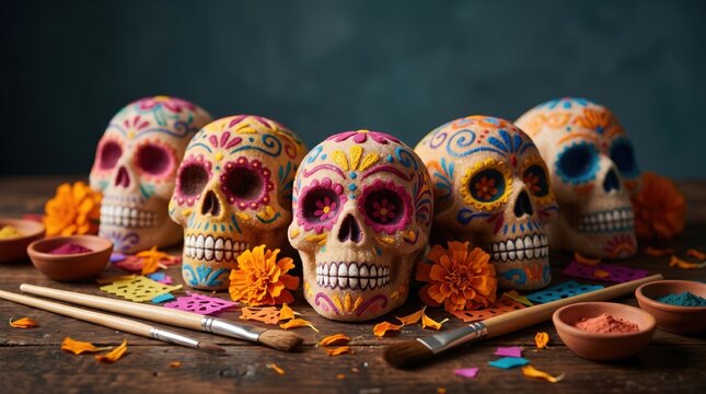 Hand-painted calavera skulls displayed with brushes, pigments and marigold petals in a traditional craft studio