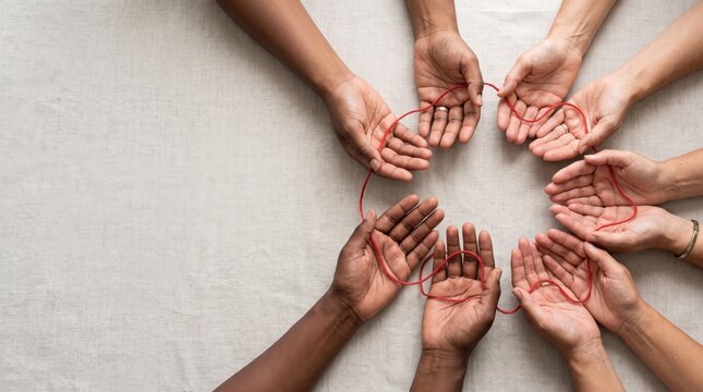 Diverse hands linked by a continuous red thread as a conceptual symbol of community, connection and shared responsibility
