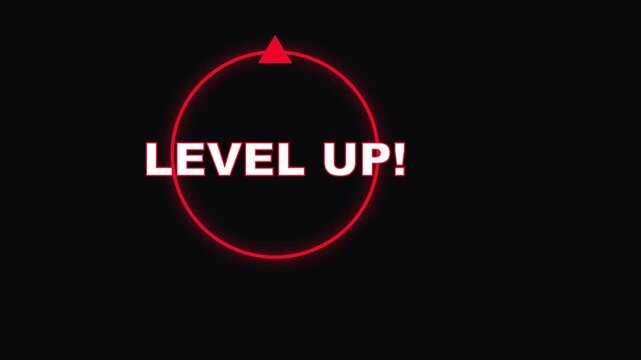 Level up animated text overlay with red neon circle and arrow for gaming and success concepts animation 4k