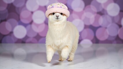 Naklejka premium Cute Alpaca Portrait in Pink Beret