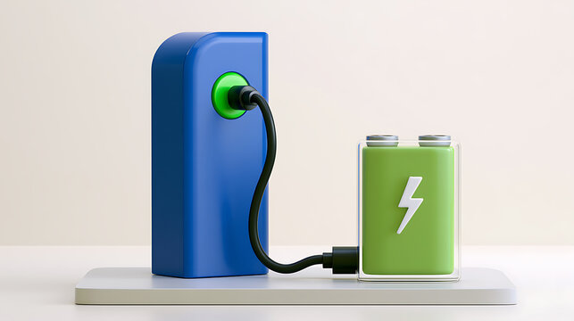 Vibrant blue charging station provides power to a green battery, symbolizing energy, sustainability, and technological progress