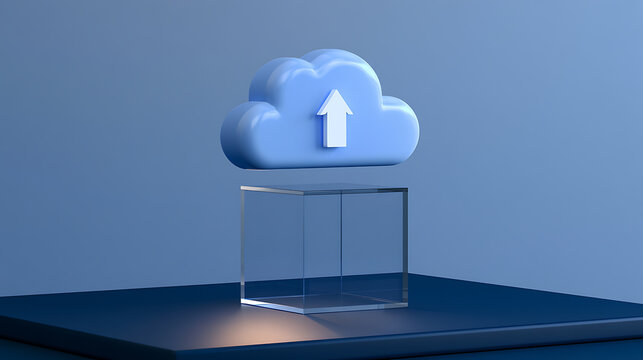 Three-dimensional render of a soft blue cloud icon with an upward arrow, representing data upload and cloud storage concept