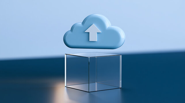 Abstract cloud computing concept with upload arrow, data storage, and network technology on a minimalist background