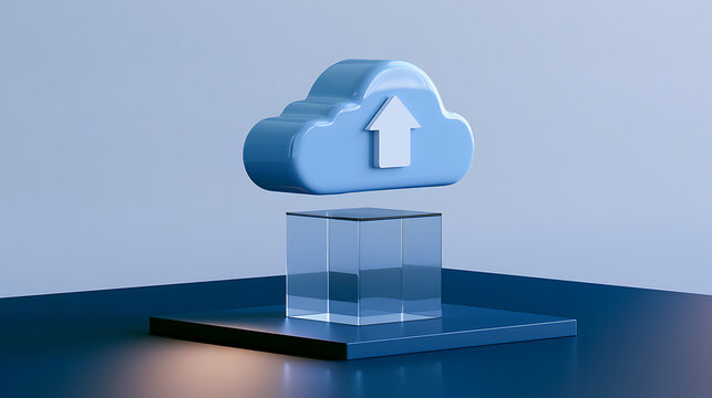 Abstract cloud storage and data upload concept with a floating blue cloud icon and an upward arrow on a stand