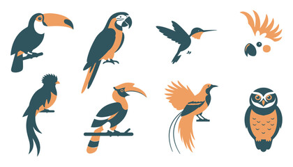 Obraz premium Minimalist tropical bird silhouettes in blue and orange colors including toucan parrot hummingbird hornbill and owl for logo branding art.