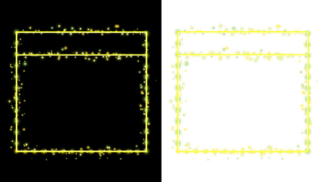 Glowing gold frame border with sparkling glitter and copy space isolated on transparent background