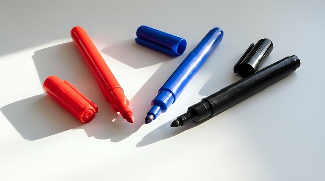 Colorful markers and pens arranged on a white surface with shadows