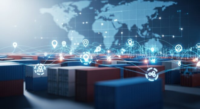Global supply chain concept with cargo containers connected by digital icons