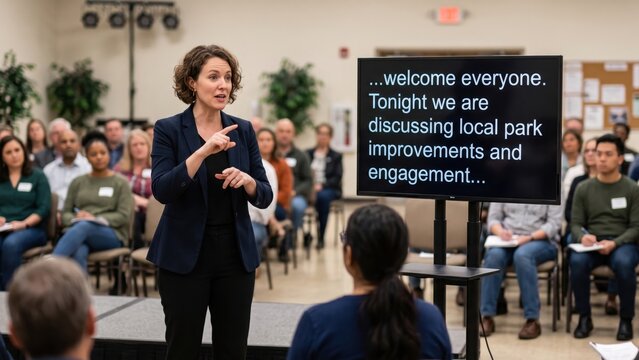 Woman Speaker Using Sign Language at Community Meeting with Captions Screen. Concept of sign language interpreter, public speaking, accessibility.