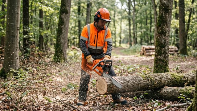 Lumberjack Cutting Wood Trunk with Chainsaw in Forest. Concept of forestry, woodcutter, logging.