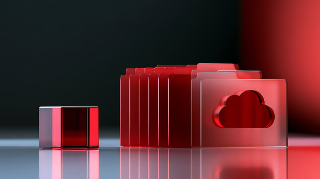 Abstract red cloud folders with single data block on reflective surface, showcasing modern digital storage solutions