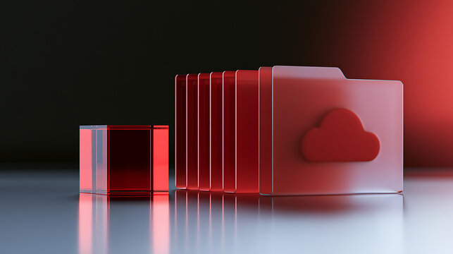 Abstract red cloud folder with reflective cubes on dark background, symbolizing modern digital data storage and organization