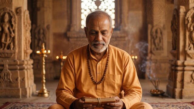 Indian Sadhu Priest Meditating and Reading Sacred Scriptures in Ancient Temple. Concept of meditation, hindu priest, spirituality. Copy space.
