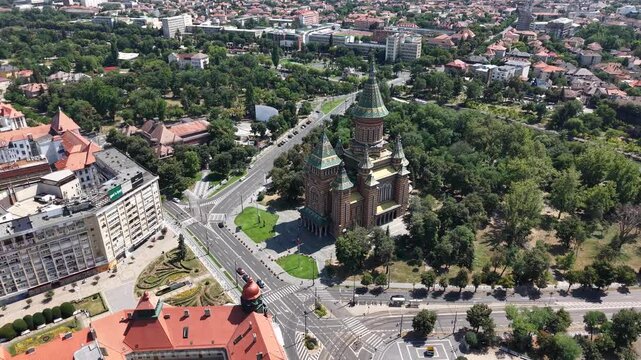 Aerial view of Three Holy Hierarchs Metropolitan Cathedral in Timisoara, Romania 