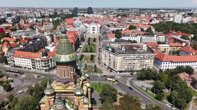 Aerial view of Timisoara Orthodox Cathedral, Victory Square and Liberty Square, Romania