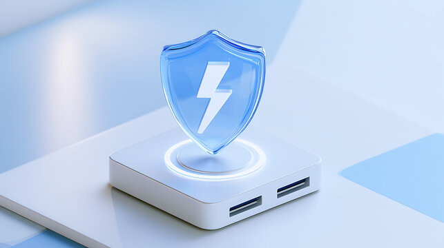 Data protection shield with lightning symbol on technology device, secure digital connection concept, cyber safety