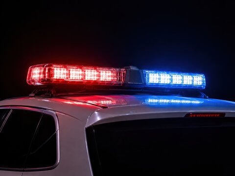 Red and Blue Police Lights Flashing on Emergency Vehicle Roof at Night. Concept of police car, red light, blue light.