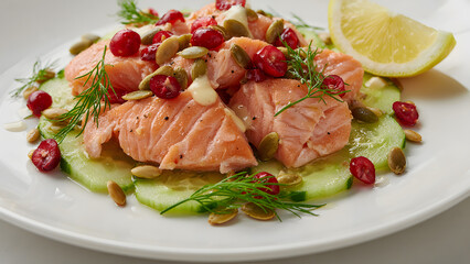 Fototapeta premium Gourmet salmon salad with fresh cucumber, cherries, pumpkin seeds, dill and lemon, beautifully arranged on a white plate. Vibrant healthy food concept featuring fresh ingredients, omega 3 rich salmon,