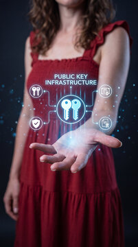 A woman holds her hand out, displaying a digital representation of public key infrastructure. The graphic features two keys, surrounded by icons representing security and data exchange.
