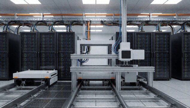 Large industrial space multiple rows black servers arranged neat orderly manner facing same direction center t