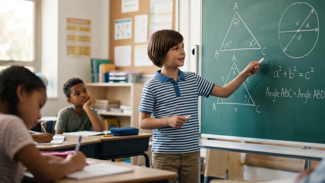 Schoolboy Solving Geometry Task on Chalkboard in Classroom. Concept of math lesson, elementary school.