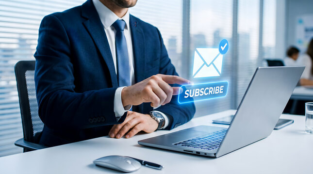 Businessman clicking a subscribe button with email envelope icon, representing email marketing, newsletter subscriptions, online communication, customer engagement, and digital strategy.
