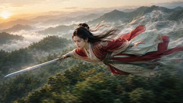 Chinese Female Warrior Flying with Sword over Mountains at Sunset. Concept of wuxia, chinese fantasy.