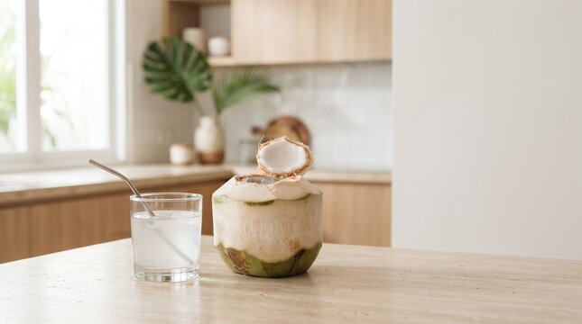 &Aacute;gua de coco natural servida em coco fresco sobre mesa clara, conceito tropical saud&aacute;vel para hidrata&ccedil;&atilde;o, bem-estar, ver&atilde;o, alimenta&ccedil;&atilde;o natural e publicidade comercial