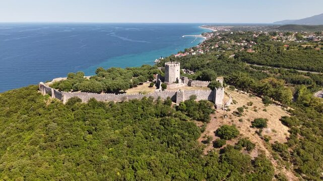 Aerial view of Platamon Castle and Aegean sea coast, Pieria, Greece