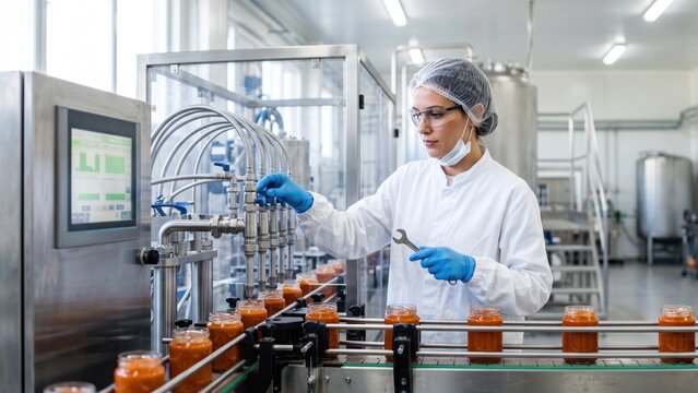 Female Industrial Technician Adjusting Automated Sauce Bottling Machine in Food Processing Plant. Concept of food factory, production line, female engineer, industrial worker.