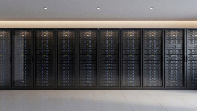 Row black servers data center arranged neat orderly manner each server facing same direction all appear well-m