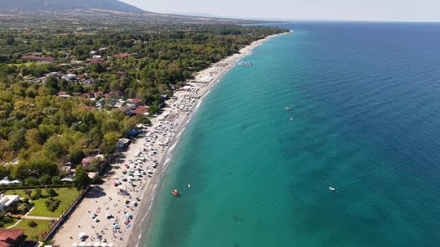 Aerial view of Paralia Panteleimonas beach and coastline in Pieria, Greece