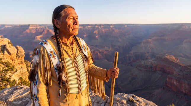 Native American Senior Man in Traditional Clothing at Grand Canyon. Concept of indigenous man, tribal elder.