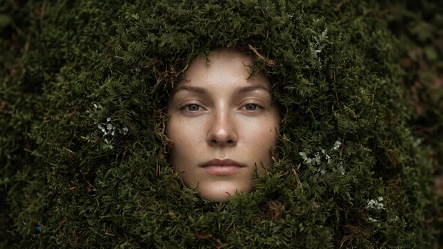 Woman Face Framed by Green Moss Concept of Environmental Connection and Natural Skincare. Concept of natural beauty, eco concept, nature connection.