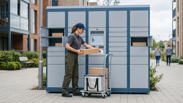 Female Delivery Courier Loading Cardboard Box into Parcel Locker. Concept of package delivery, automated locker, parcel station. Copy space.