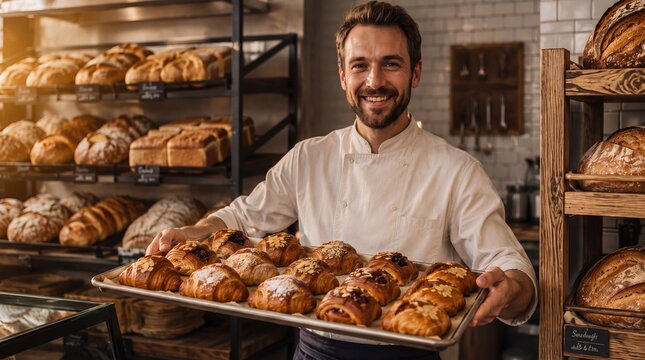 Smiling Baker Holding Tray of Fresh Croissants in Bakery. Concept of croissant, bread, pastry.