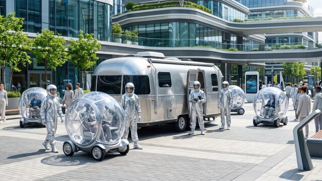 Futuristic City Transportation with Astronauts and Transparent Pod Vehicles. Concept of future transport, autonomous vehicle, astronaut suit, smart city.