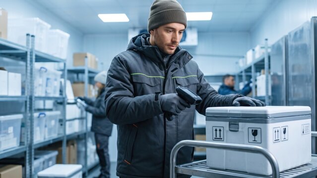 Warehouse Worker Scanning Container in Cold Storage Logistics Facility. Concept of barcode scanner, pharmaceutical warehouse.