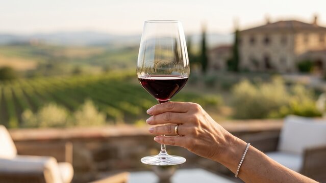 Woman Holding Glass of Red Wine in Tuscany Vineyard at Sunset. Concept of wine tasting.