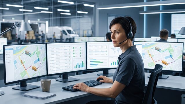Logistics Operator Managing Fleet Route Tracking in Control Center. Concept of fleet management, dispatch center, delivery control.