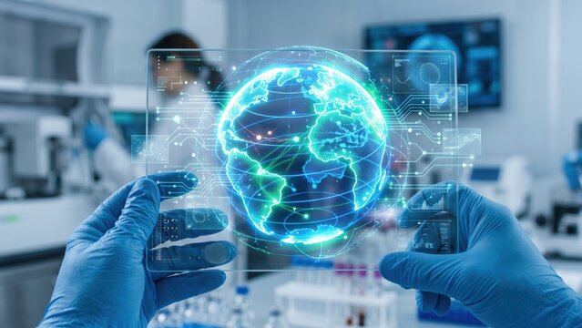 Scientist Holding Transparent Tablet with Holographic Planet Earth Data Display in Laboratory. Concept of global connection, digital earth, laboratory screen, futuristic technology, hologram tablet.