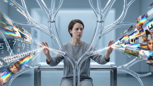 Woman Interacting with Futuristic Neural Interface and Data Visualization Streams. Concept of neural network, artificial intelligence.