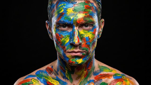 Man with Colorful Oil Paint on Face Creative Portrait. Concept of body paint, colorful art.