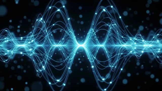 Abstract digital sound wave visualization with glowing blue particles and light trails on a dark background 4k video