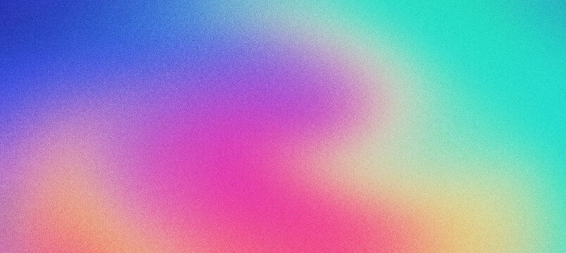 Vibrant holographic gradient background with grainy texture. Abstract neon mesh blur in purple, blue and pink. Colorful grainy aesthetic backdrop for modern web design and social media posts.