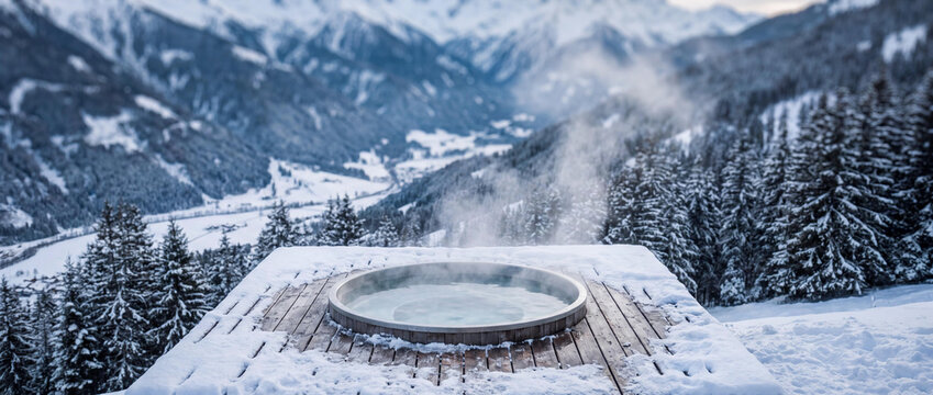 Steaming outdoor hot tub on a snowy wooden deck overlooking scenic winter mountains